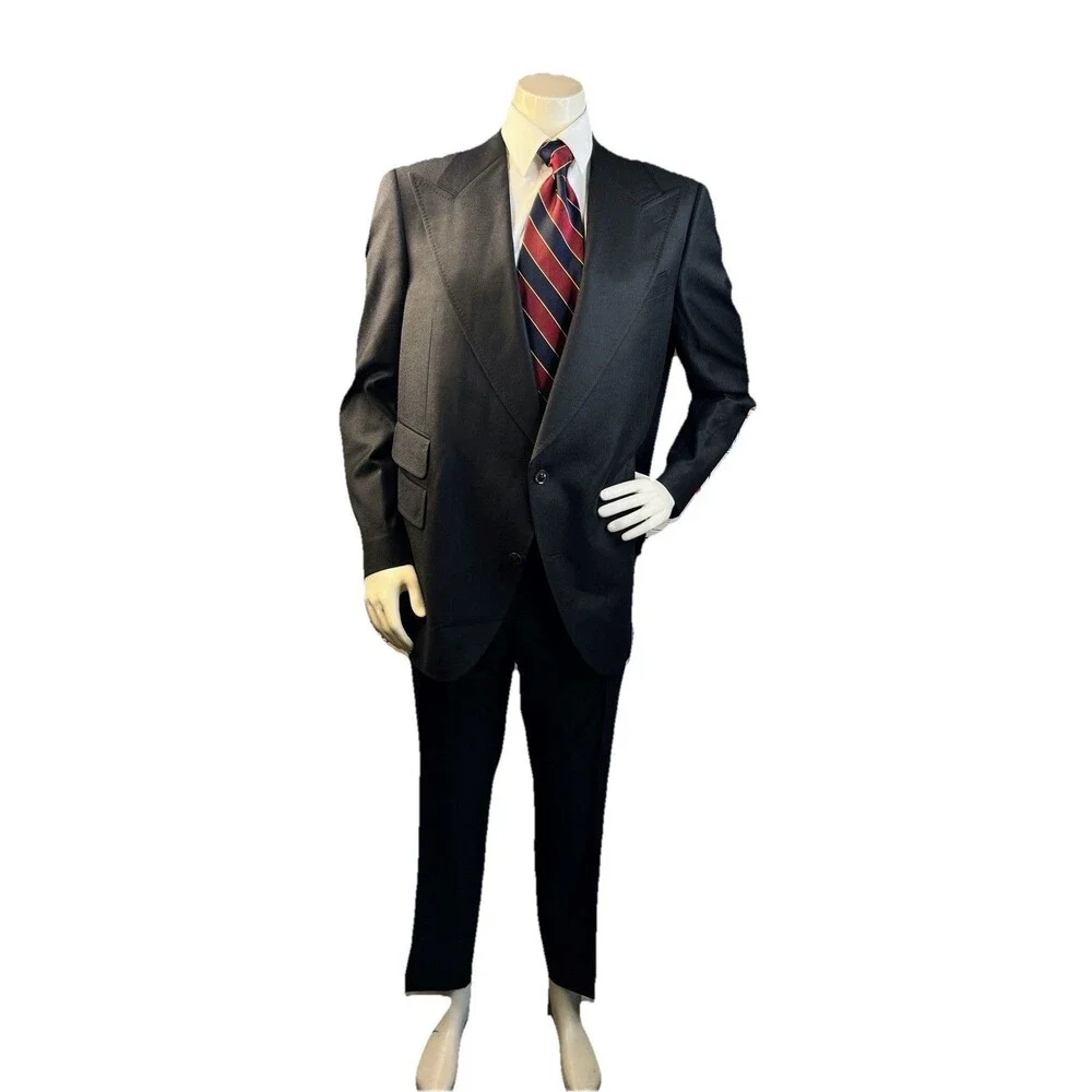 Vtg Bespoke Men Suit Black Flannel Wool Hand Tailored Surgeon’s Cuffs 48R 46x30